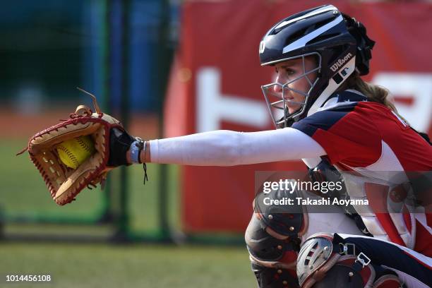 Aubree Aurielle Munro of United States in action against Australia during their Playoff Round at ZOZO Marine Stadium on day nine of the WBSC Women's...