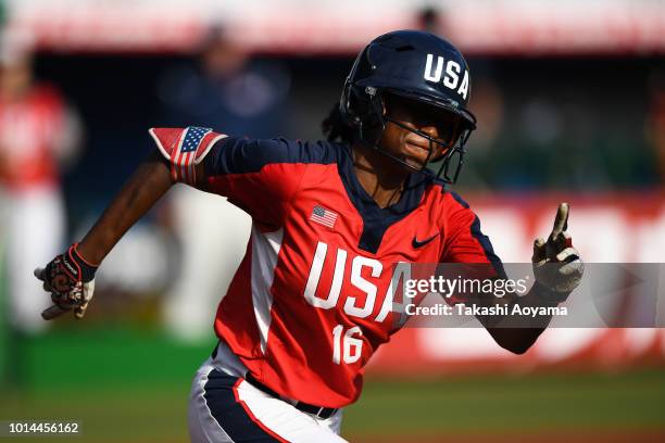 Michelle Jeanette Moultrie of United States runs the bases against Australia during their Playoff Round at ZOZO Marine Stadium on day nine of the...