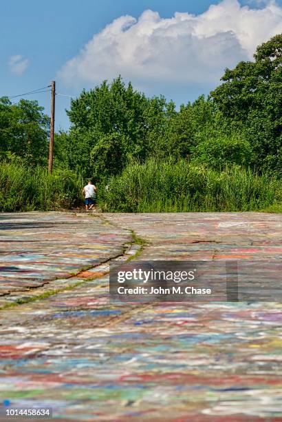 a visitor walks on "graffiti road" - centralia pennsylvania stock pictures, royalty-free photos & images