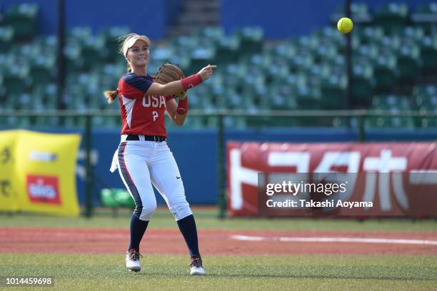 Alison Paige Aguilar of United States in action against Australia during their Playoff Round at ZOZO Marine Stadium on day nine of the WBSC Women's...