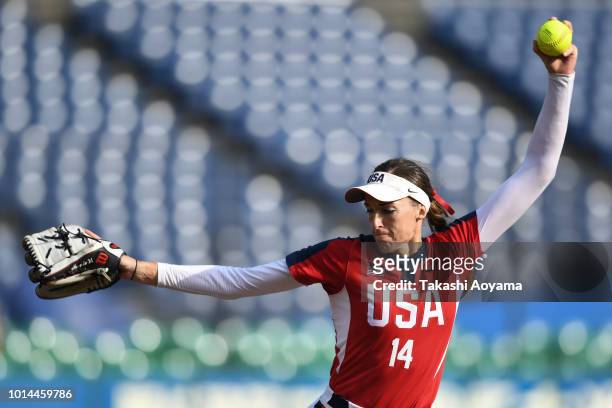 Monica Cecilia Abbott of United States pitches against Australia during their Playoff Round at ZOZO Marine Stadium on day nine of the WBSC Women's...