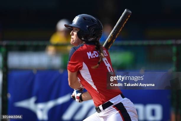 Haylie Ann McCleney of United States hits a single in the first inning against Australia during their Playoff Round at ZOZO Marine Stadium on day...