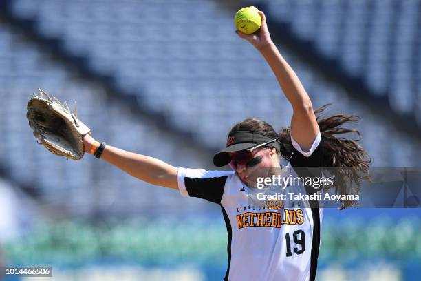 Eva Maria Petronella Voortman of Netherlands pitches against Canada during their Playoff Round at ZOZO Marine Stadium on day nine of the WBSC Women's...