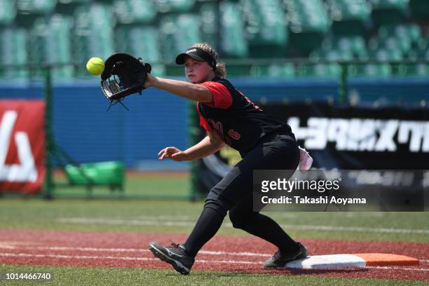Holly Kathrine Speers of Canada in action against Netherlands during their Playoff Round at ZOZO Marine Stadium on day nine of the WBSC Women's...