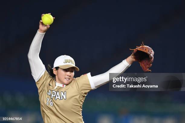 Misaki Katsumata of Japan pitches against Puerto Rico during their Playoff Round at ZOZO Marine Stadium on day nine of the WBSC Women's Softball...