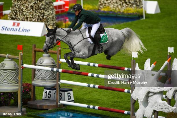 Dublin , Ireland - 10 August 2018; Cameron Hanley of Ireland competing on Quirex during the Longines FEI Jumping Nations Cup of Ireland during the...