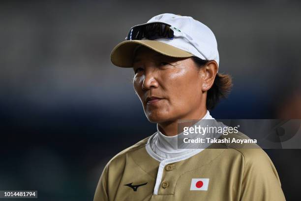 Head Coach Reika Utsugi looks on during the Playoff Round match between Japan and Puerto Rico at ZOZO Marine Stadium on day nine of the WBSC Women's...