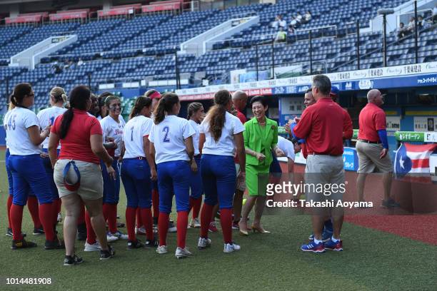 Hisako, Princess Takamado greets players of Puerto Rico ahead of Playoff Round match between Japan and Puerto Rico at ZOZO Marine Stadium on day nine...