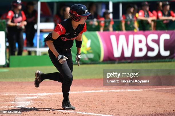 Larissa Nadine Franklin of Canada hits a three-run home run in the fourth inning against the Netherlands during their Playoff Round match at ZOZO...