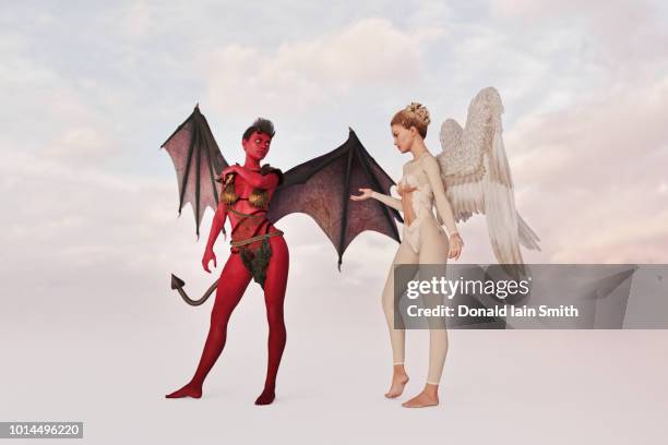 white angel and red demon having a heated argument - engel und teufel stock-fotos und bilder