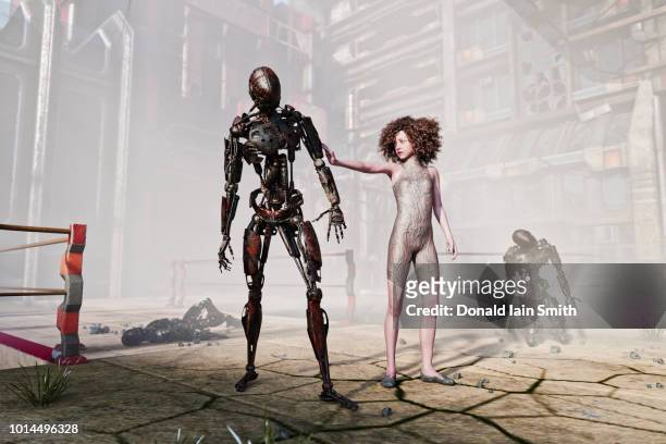 futuristic girl reaches out to touch dead rusting robot in a post apocalyptic world - dead girl imagens e fotografias de stock