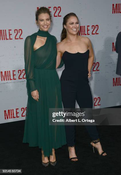 Actresses Lauren Cohan and Ronda Rousey arrive for the Premiere Of STX Films' "Mile 22" held at Westwood Village Theatre on August 9, 2018 in...