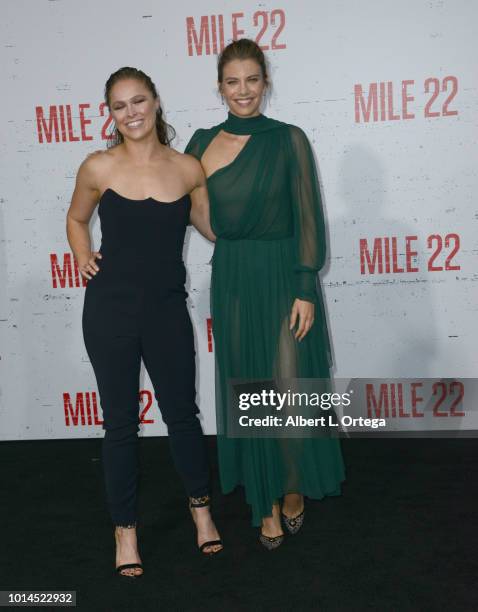 Actresses Ronda Rousey and Lauren Cohan arrive for the Premiere Of STX Films' "Mile 22" held at Westwood Village Theatre on August 9, 2018 in...