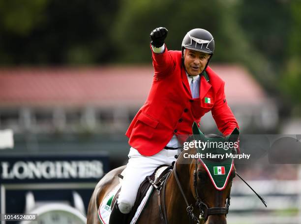 Dublin , Ireland - 10 August 2018; Enrique Gonzalez of Mexico competing on Chacna celebrates jumping clear during the Longines FEI Jumping Nations...