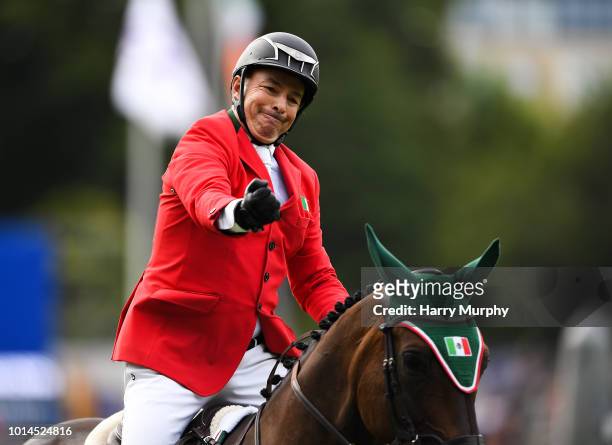 Dublin , Ireland - 10 August 2018; Enrique Gonzalez of Mexico competing on Chacna celebrates jumping clear during the Longines FEI Jumping Nations...