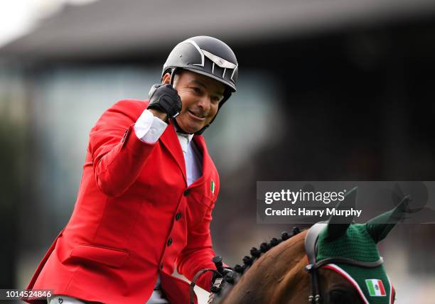 Dublin , Ireland - 10 August 2018; Enrique Gonzalez of Mexico competing on Chacna celebrates jumping clear during the Longines FEI Jumping Nations...