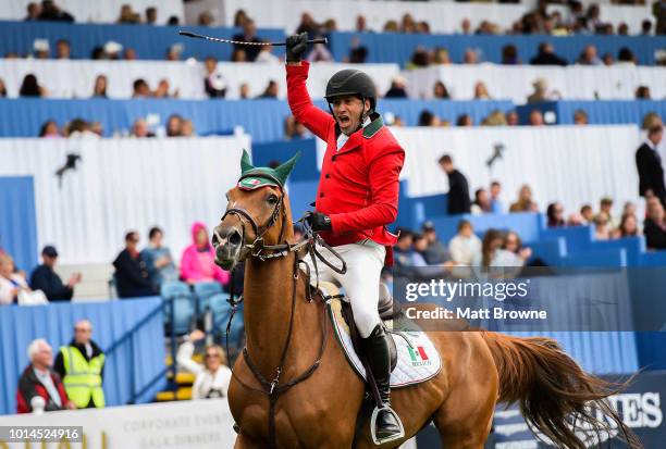 Dublin , Ireland - 10 August 2018; Enrique Gonzalez of Mexico competing on Chacna celebrates jumping clear during the Longines FEI Jumping Nations...