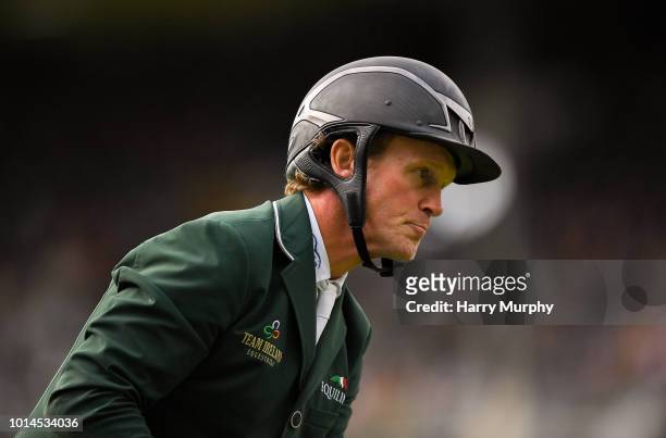 Dublin , Ireland - 10 August 2018; Cameron Hanley of Ireland competing on Quirex, reacts during the Longines FEI Jumping Nations Cup of Ireland...