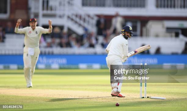 India batsman Dinesh Karthik looks on after being bowled by Sam Curran during day two of the 2nd Specsavers Test Match between England and India at...
