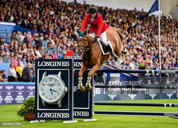 Dublin , Ireland - 10 August 2018; Patricio Pasquel of Mexico competing on Babel jumps the last to complete a clear round during the Longines FEI...