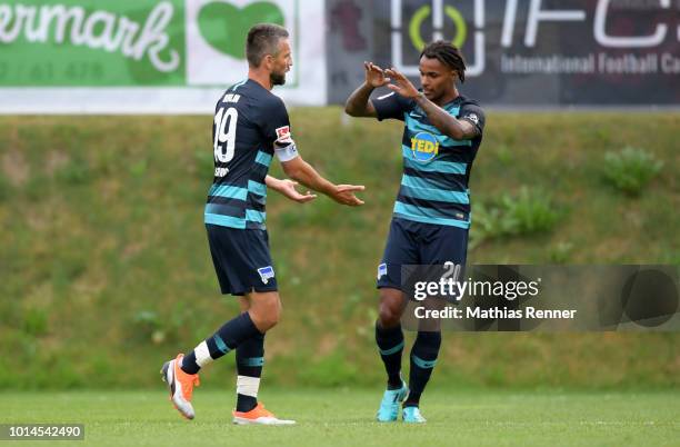 Vedad Ibisevic and Valentino Lazaro of Hertha BSC celebrate during the test test match between Hertha BSC and Aiginiakos FC at the Athletic Area...
