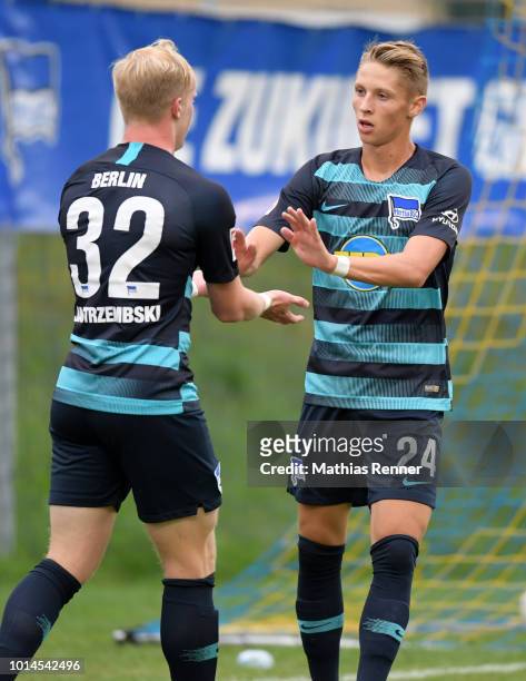 Dennis Jastrzembski and Palko Dardai of Hertha BSC celebrate after scoring the 2:0 during the test test match between Hertha BSC and Aiginiakos FC at...