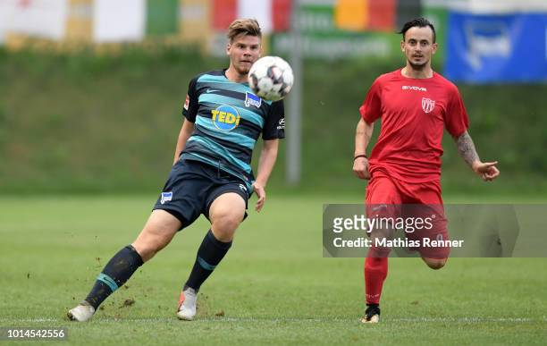 Florian Baak of Hertha BSC and Ioannis Tsolakidis of Aiginiakos FC during the test test match between Hertha BSC and Aiginiakos FC at the Athletic...