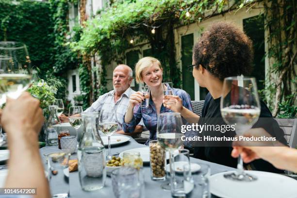 family and friends chatting at bbq - tageszeit stock-fotos und bilder
