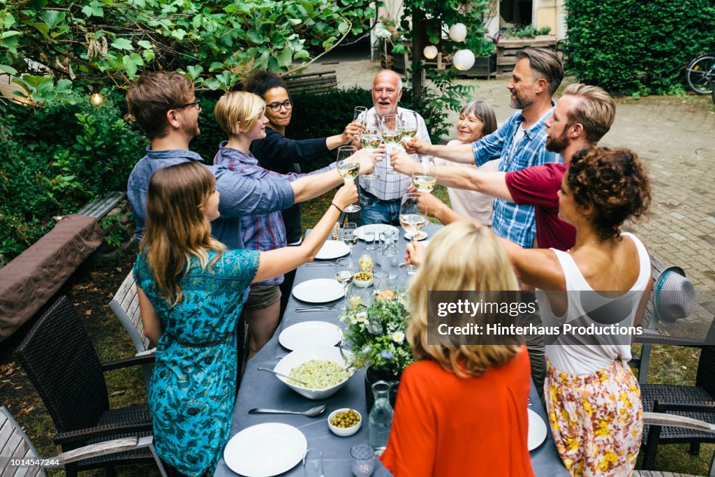 Family And Friends Toasting One Another At Outdoor Meal
