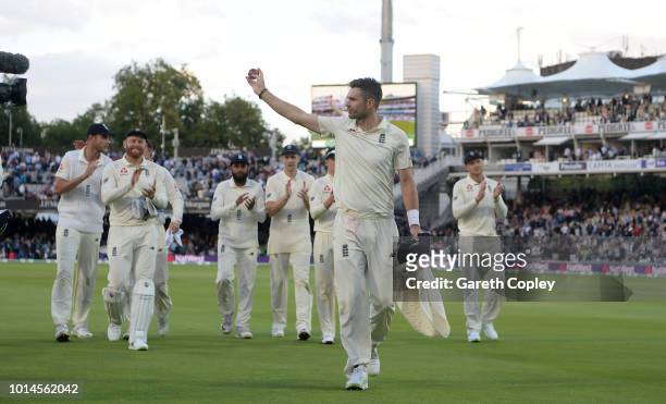 James Anderson of England salutes the crowd after taking a five wicket haul during day two of the 2nd Specsavers Test between England and India at...
