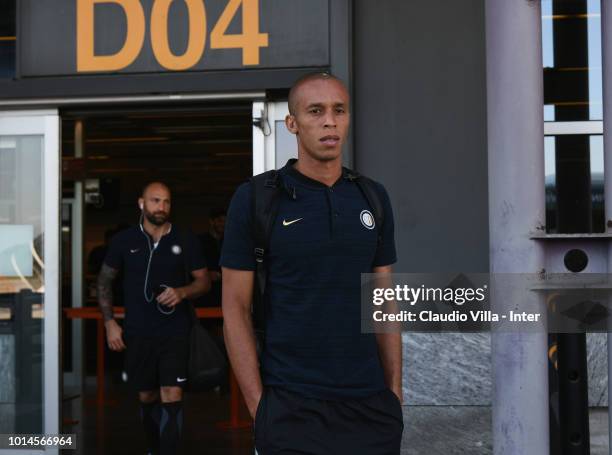 Joao Miranda de Souza Filho of FC Internazionale departs from Malpensa Airport on August 10, 2018 in Milan, Italy.