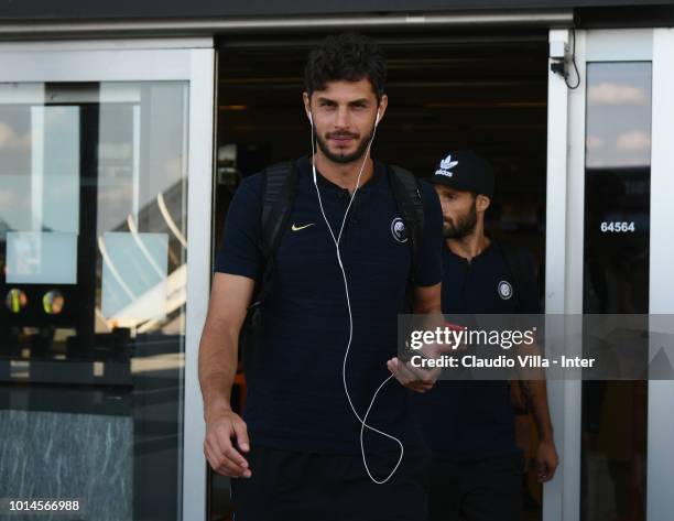 Andrea Ranocchia of FC Internazionale departs from Malpensa Airport on August 10, 2018 in Milan, Italy.