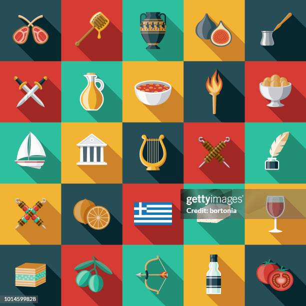illustrazioni stock, clip art, cartoni animati e icone di tendenza di set di icone greece flat design - cucina greca