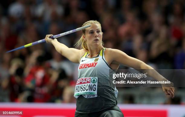 Christin Hussong of Germany competes in the Women's Javelin Final during day four of the 24th European Athletics Championships at Olympiastadion on...