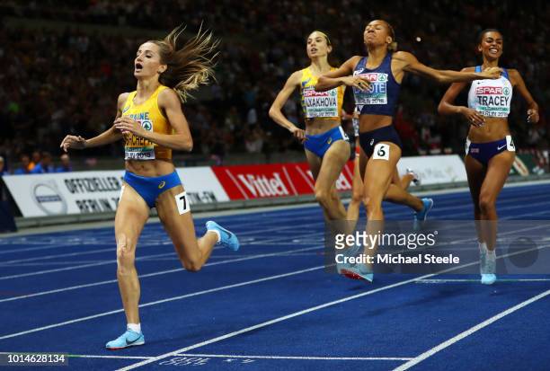 Nataliya Pryshchepa of Ukraine crosses the line as she wins the Women's 800mn Final during day four of the 24th European Athletics Championships at...