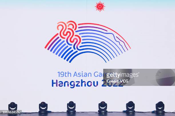 The Emblem is seen on the screen at the Emblem Launch Ceremony for the 19th Asian Games Hangzhou 2022 on August 6, 2018 in Hangzhou, Zhejiang...