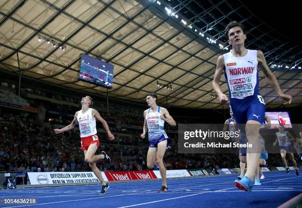 Jakob Ingebrigtsen of Norway crosses the line as he wins Gold in the Men's 1500m Final during day four of the 24th European Athletics Championships...