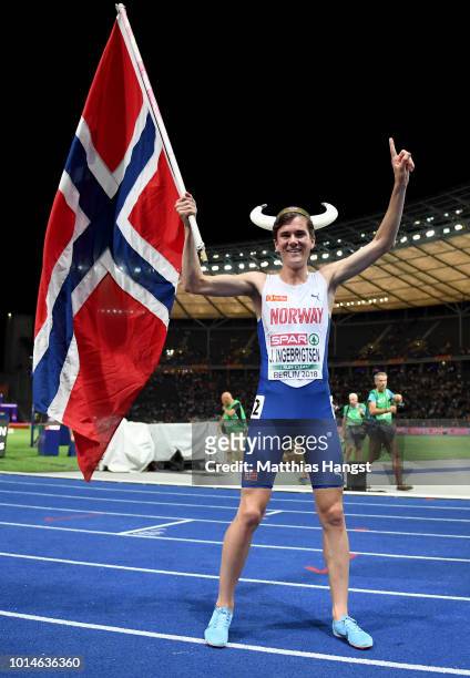Jakob Ingebrigtsen of Norway celebrates winning Gold in the Men's 1500m Final during day four of the 24th European Athletics Championships at...