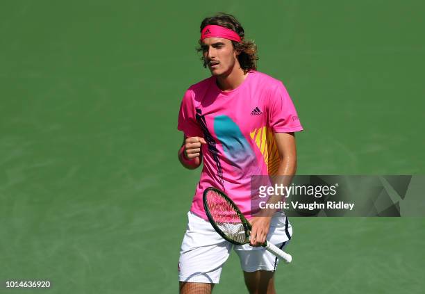 Stefanos Tsitsipas of Greece celebrates a point against Alexander Zverev of Germany during a quarter final match on Day 5 of the Rogers Cup at Aviva...