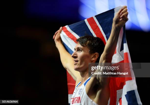 Jake Wightman of Great Britain celebrates wining Bronze in the Men's 1500m Final during day four of the 24th European Athletics Championships at...