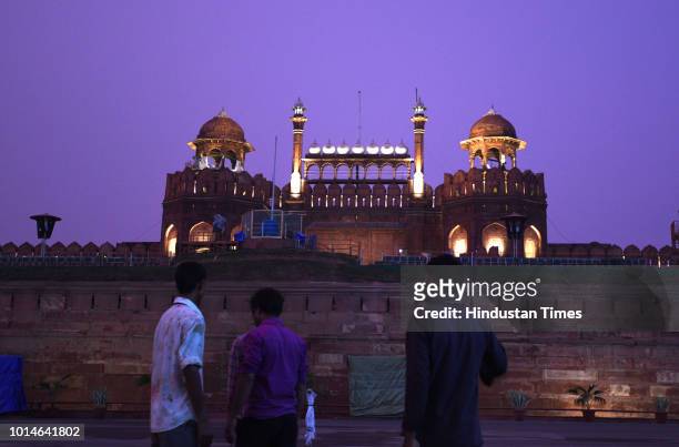 View of illuminated Red Fort ahead of 72nd Independence day by NBCC on August 10, 2018 in New Delhi, India.