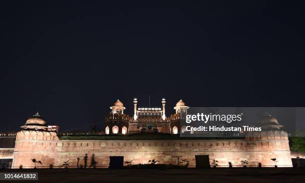 View of illuminated Red Fort ahead of 72nd Independence day by NBCC on August 10, 2018 in New Delhi, India.