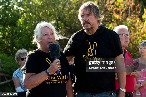 The murdered Kim Walls mother, Ingrid Wall and supported by her father Joachim Wall, speaks to the some 600 people who participate in the memorial...