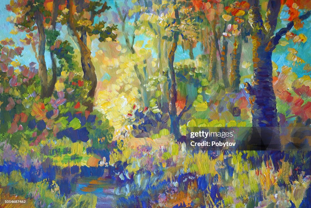 Autunno dipinto foresta nello stile dell'impressionismo