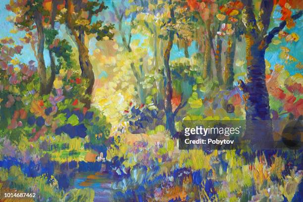 bildbanksillustrationer, clip art samt tecknat material och ikoner med hösten målade skog i stil med impressionismen - impressionism