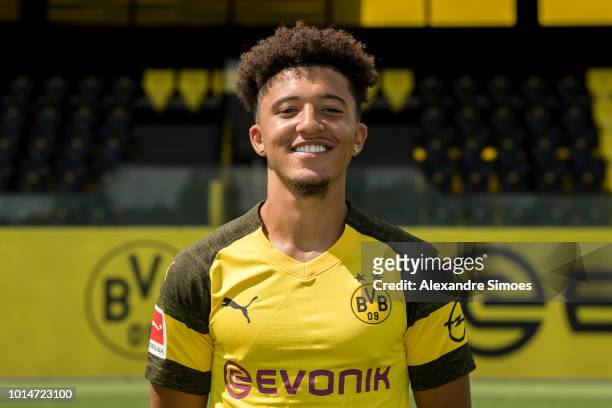 Jadon Sancho Borussia Dortmund poses during the team presentation at on August 10, 2018 in Dortmund, Germany.
