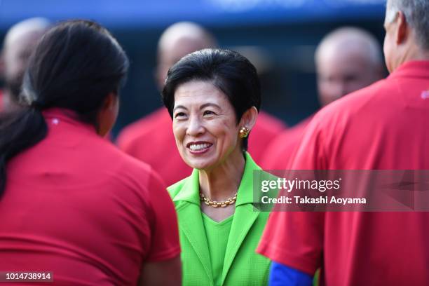 Hisako, Princess Takamado greets players of Puerto Rico ahead of Playoff Round match between Japan and Puerto Rico at ZOZO Marine Stadium on day nine...