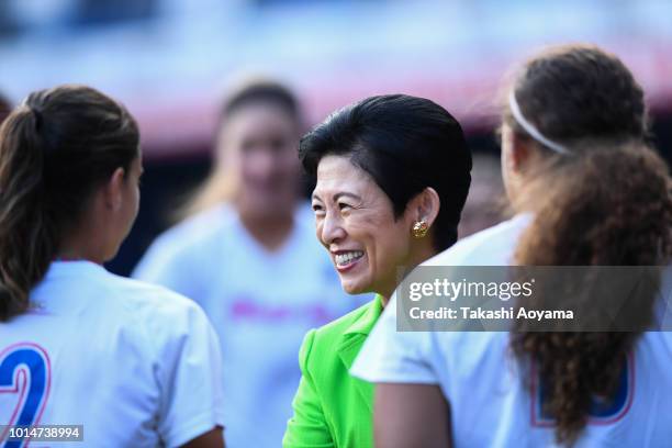 Hisako, Princess Takamado greets players of Puerto Rico ahead of Playoff Round match between Japan and Puerto Rico at ZOZO Marine Stadium on day nine...