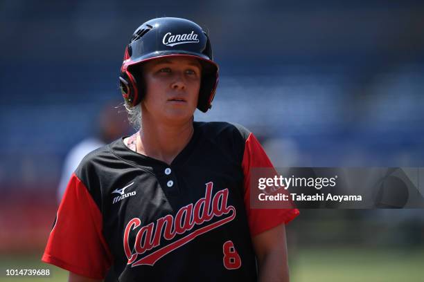 Victoria Gran Hayward of Canada looks on during the Playoff Round match between Canada and Netherlands at ZOZO Marine Stadium on day nine of the WBSC...