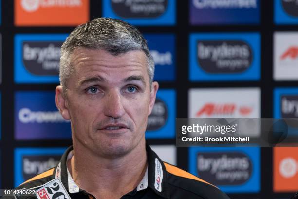 Wests Tigers NRL coach Ivan Cleary speaks to the media during a press conference at Wests Leagues Club on August 11, 2018 in Campbelltown, Australia.